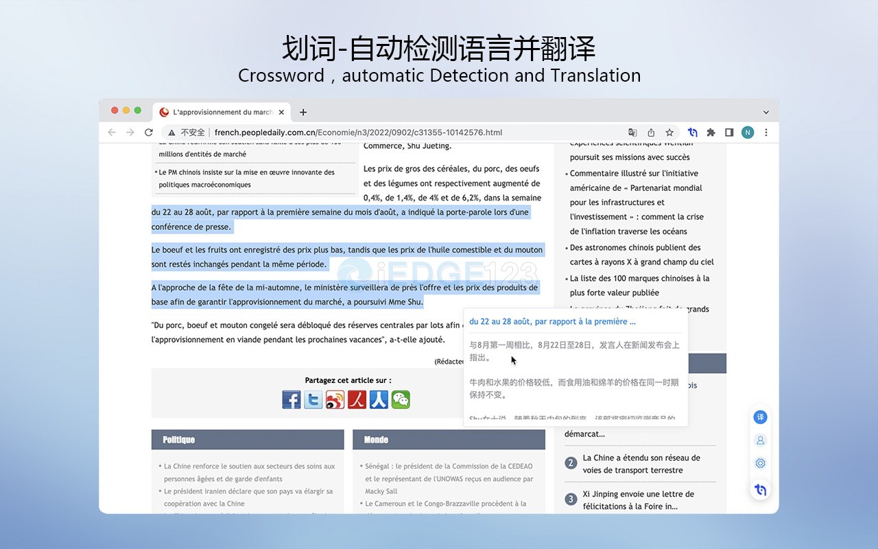 智译 浏览网页时自动检测页面语言 翻译为设置的目标语言